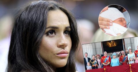 Meghan Markle attends a sporting event. Inset upper left corner, Archie. Inset bottom, the royal family.