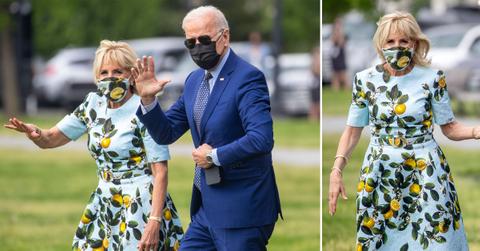 jill biden wearing lemon dress boarding marine one with president joe biden ok