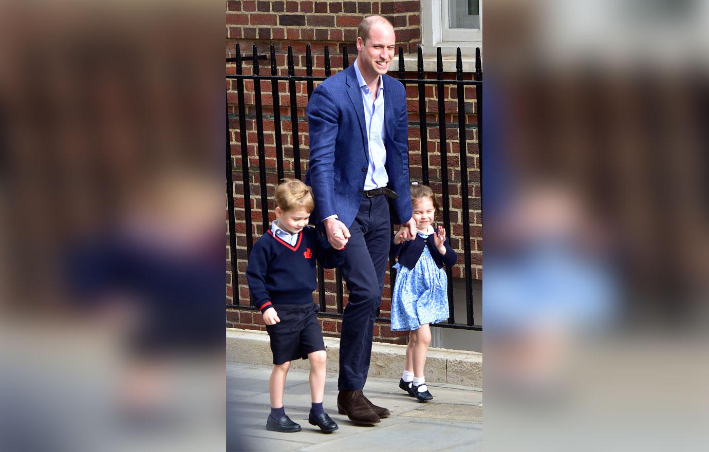 Prince William , Prince George and Princess Charlotte arriving at The Lido Wing to visit their new baby brother