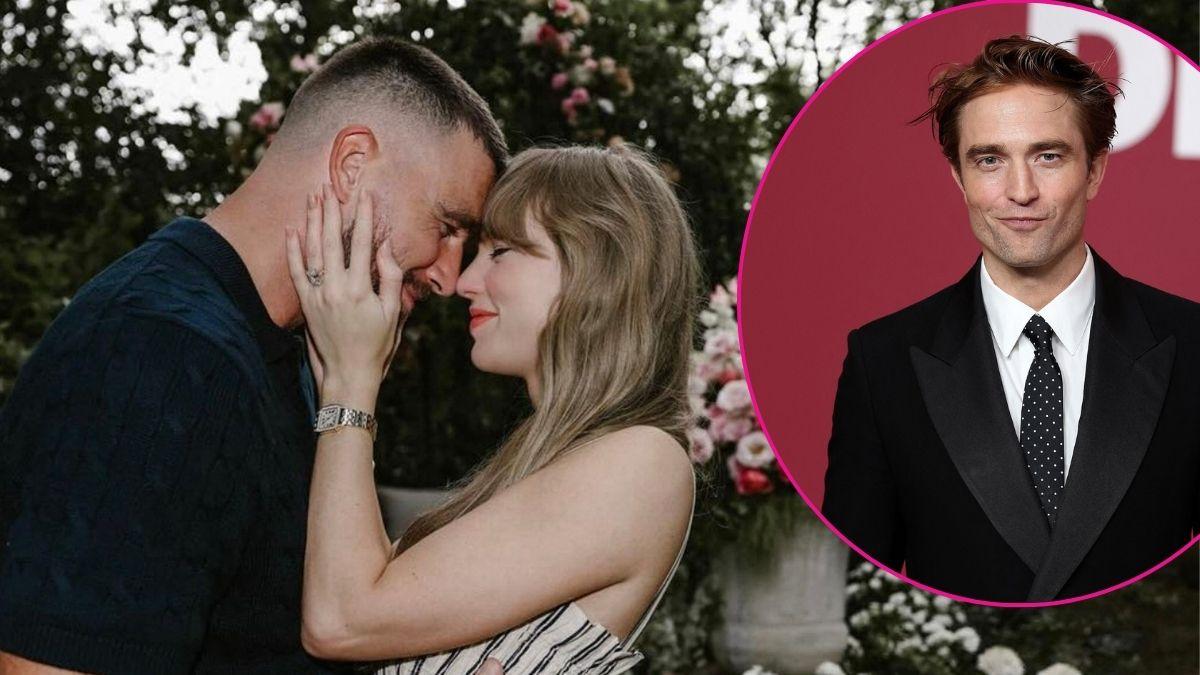 Split photo of Taylor Swift, Travis Kelce & Robert Pattinson
