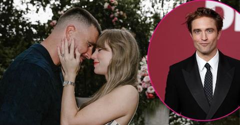 Split photo of Taylor Swift, Travis Kelce & Robert Pattinson