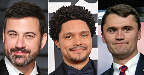 Composite photo of Jimmy Kimmel, Trevor Noah and Charlie Kirk.