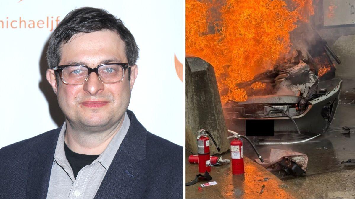 split photo of eugene mirman and his car in flames