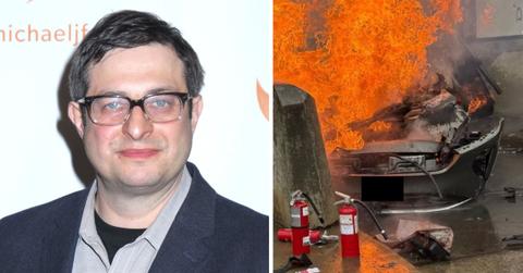 split photo of eugene mirman and his car in flames