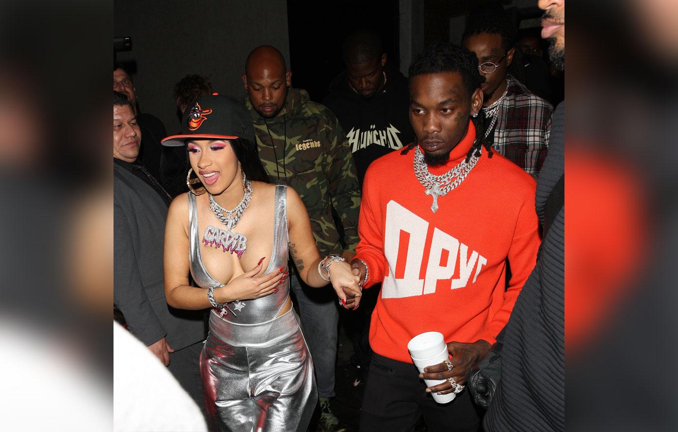 Singer Cardi B shows off her cleavage as she is seen leaving the Argyle club with husband Offset