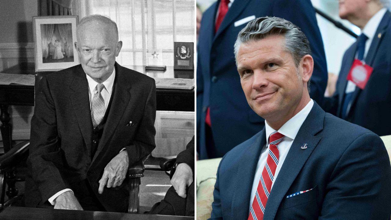 Split image of Eisenhower and Hegseth