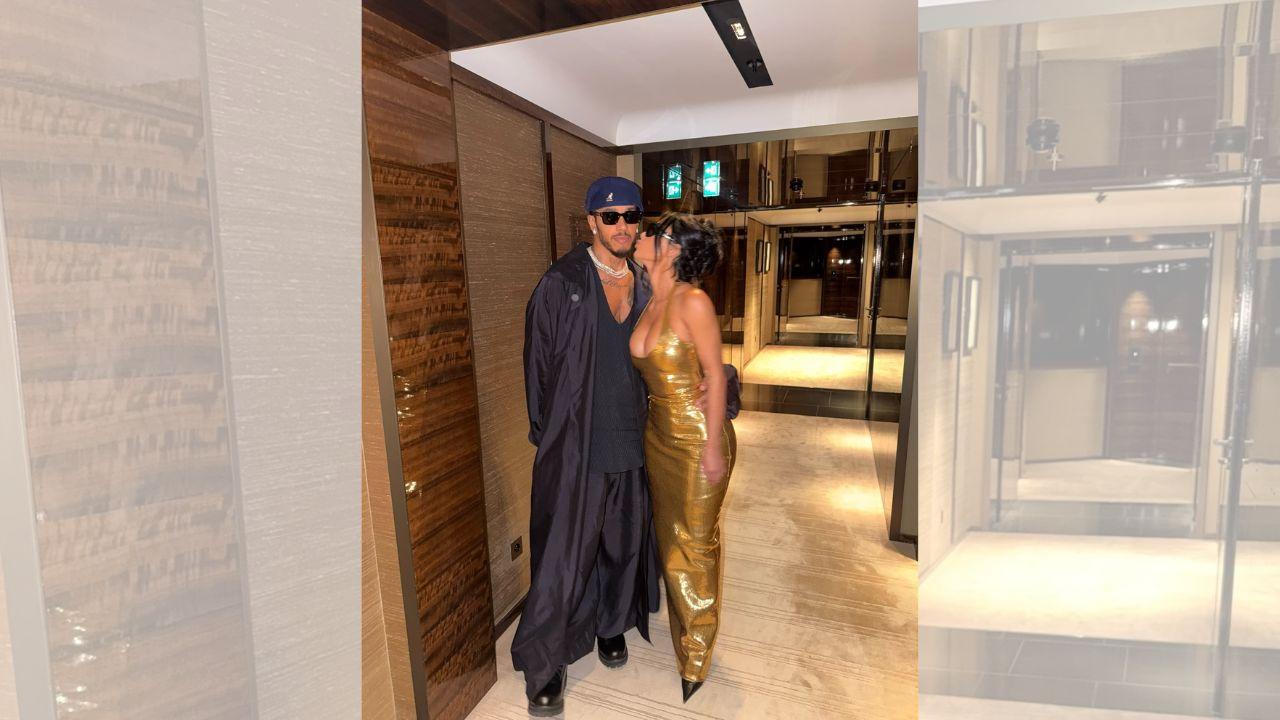 Image of Lewis Hamilton and Kim Kardashian enjoyed a low-key bike ride in London while the reality star was in town for her SKIMS flagship opening.