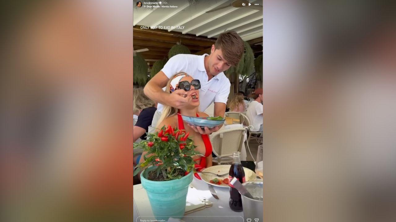 image of Brooks Nader also spent time on the boat with fellow model Jack Lumsden after dining at a waterfront restaurant.