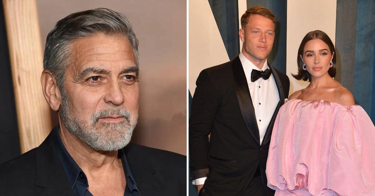 Photo of George Clooney and a picture of Christian McCaffrey with Olivia Culpo