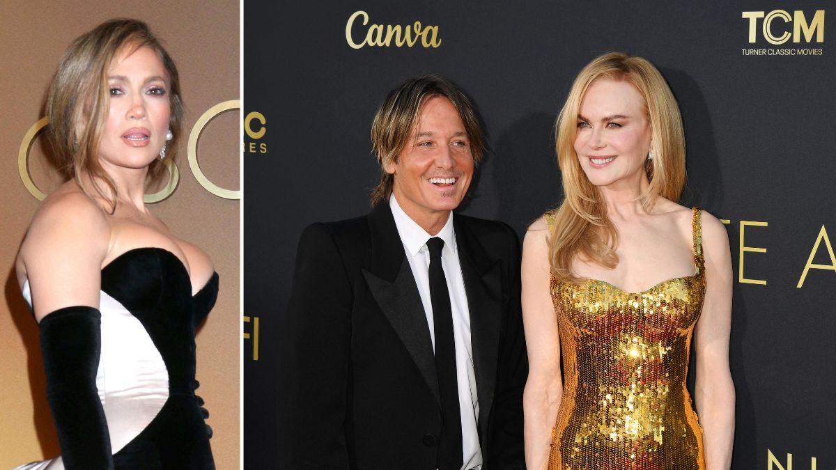 Split photo of Jennifer Lopez and Keith Urban with Nicole Kidman.