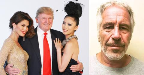 Split photo of Donald Trump with models and Jeffrey Epstein.