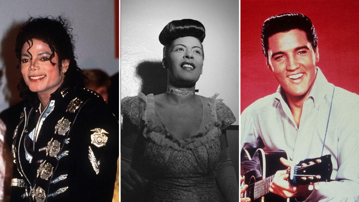 Split photo of Michael Jackson, Billie Holiday, and Elvis Presley.