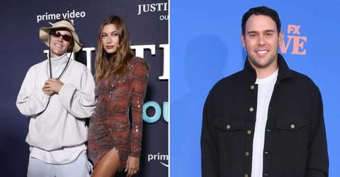 Photo of Justin Bieber with Hailey Bieber and an image of Scooter Braun.