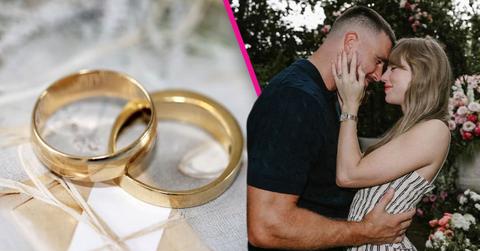 Composite photo of wedding rings and Travis Kelce and Taylor Swift.