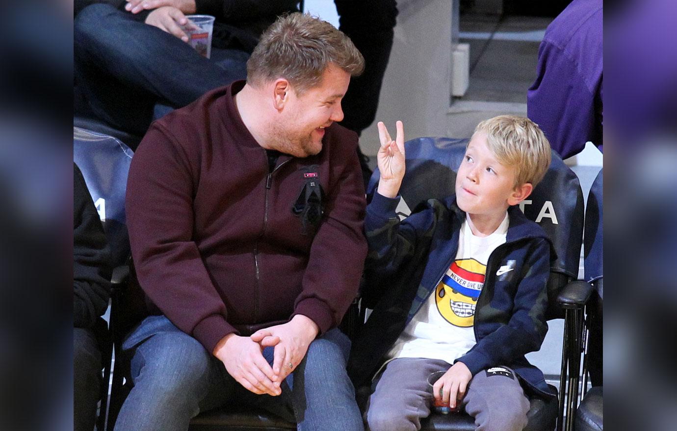 Talk Show host and Comedian James Corden and his son Max hang out at the Lakers Game