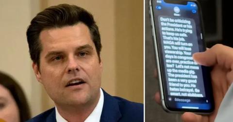 Photo of Matt Gaetz; screenshot of his texts.