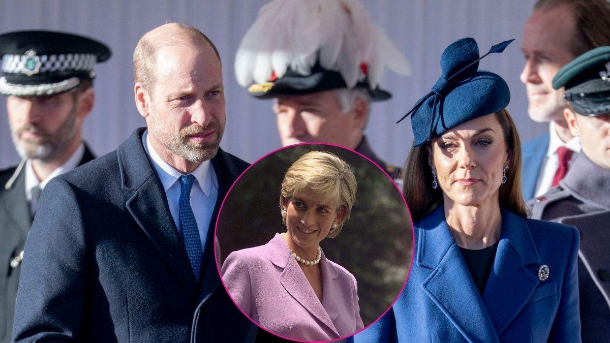 Split photo of Prince William, Princess Kate and Princess Diana.