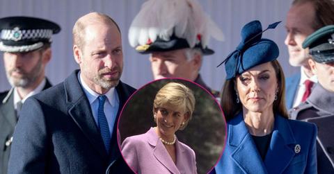 Split photo of Prince William, Princess Kate and Princess Diana.