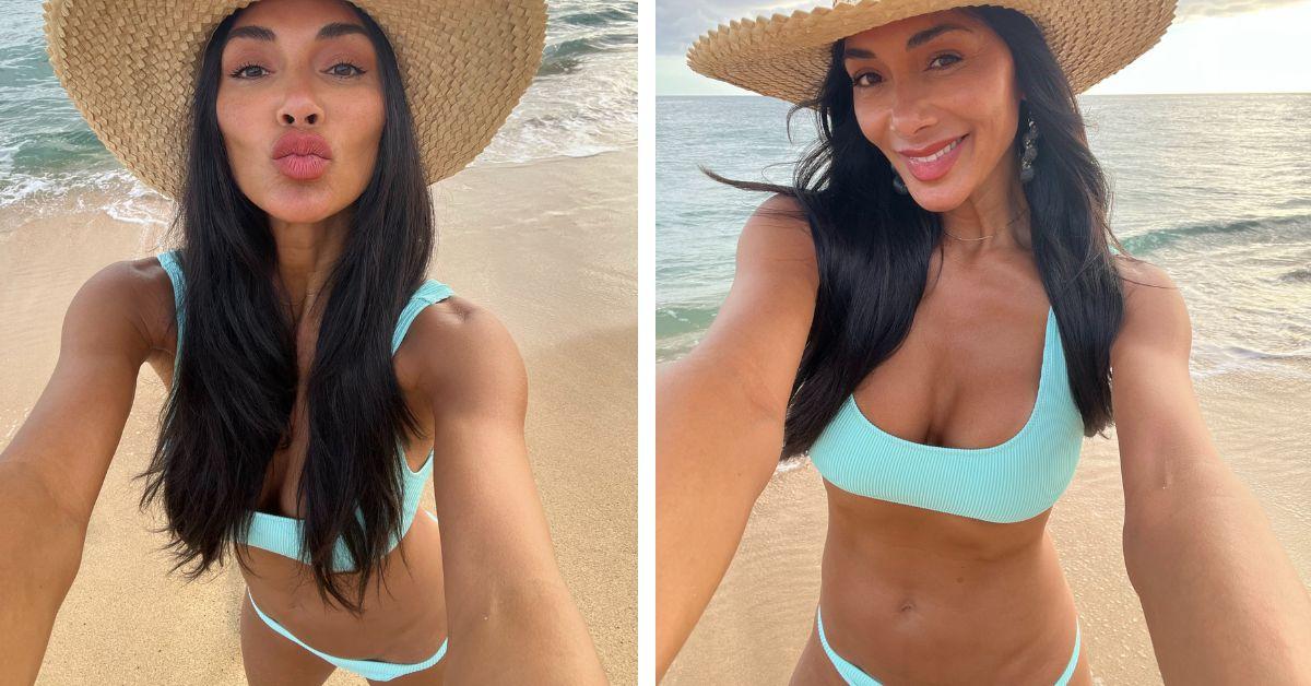 image of Nicole Scherzinger celebrated her 48th birthday by sharing beach photos of herself in a bright blue bikini on Instagram.