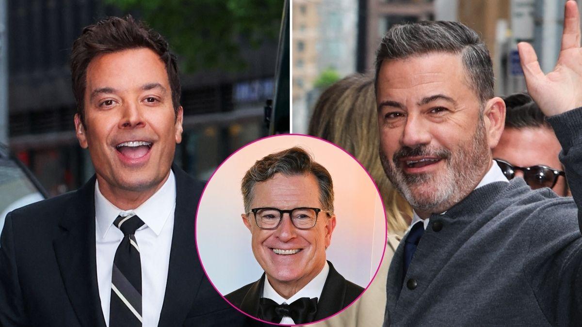 Composite photo of Jimmy Fallon, Jimmy Kimmel and Stephen Colbert.