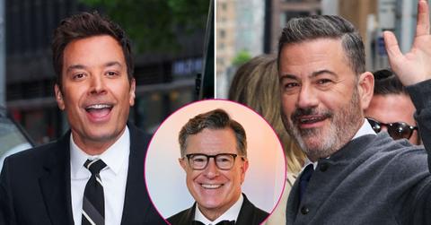 Composite photo of Jimmy Fallon, Jimmy Kimmel and Stephen Colbert.