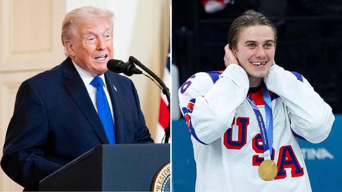 split image of Donald Trump and Jack Hughes