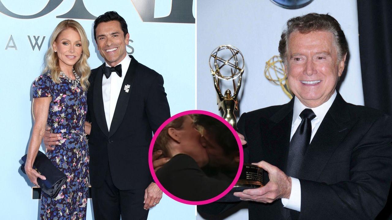 Image of Mark Consuelos and Kelly Ripa watched clips from past 'Live' Halloween episodes.