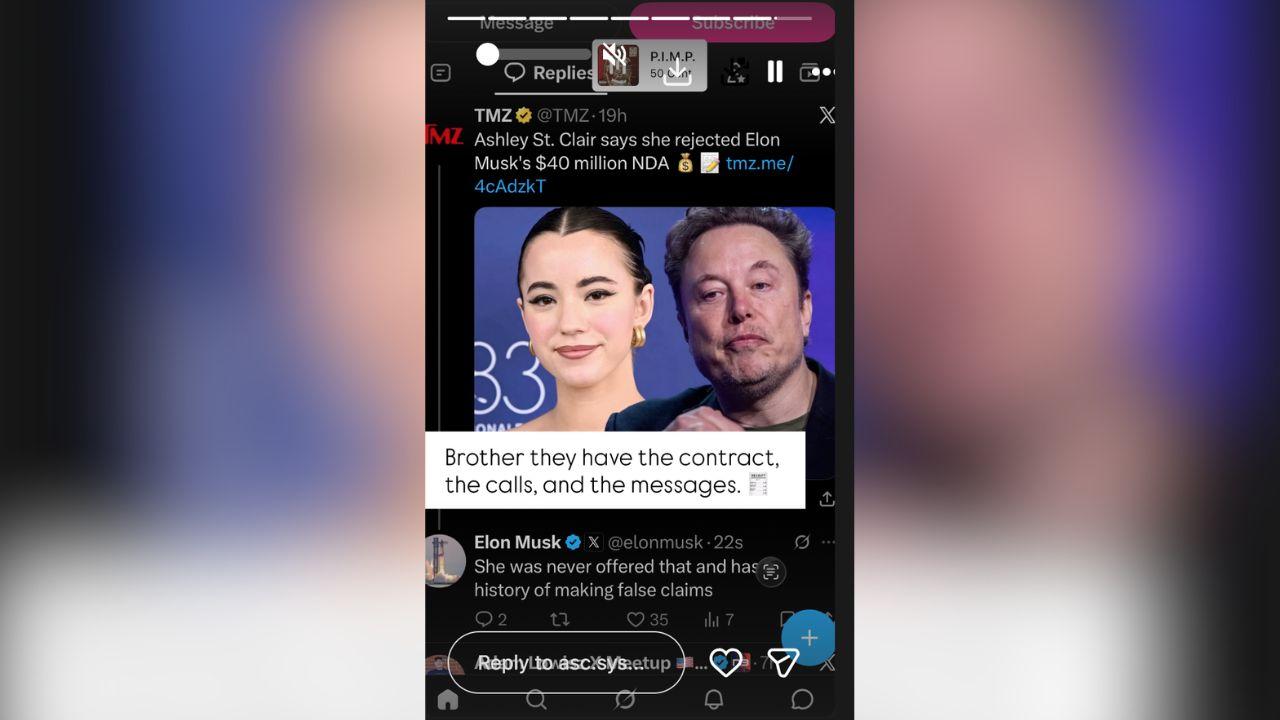 Image of Elon Musk told 'TMZ' she was never offered such a deal; St. Clair responded on Instagram that 'they have the contract, the calls, and the messages.'"