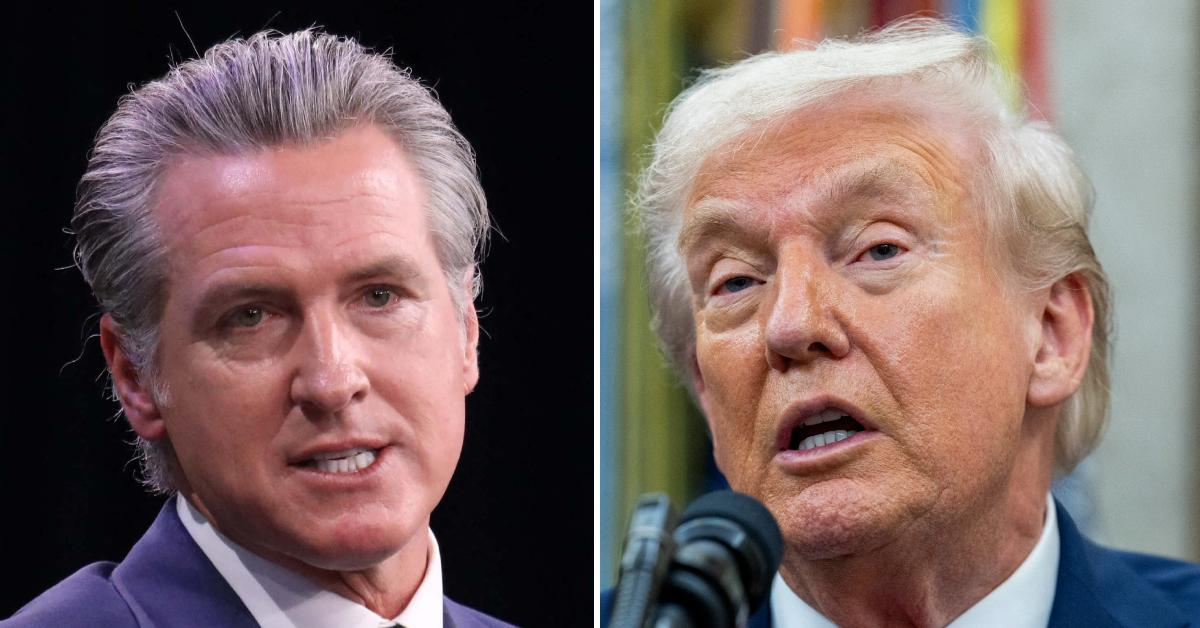 Split photo of Gavin Newsom and Donald Trump.