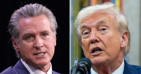 Split photo of Gavin Newsom and Donald Trump.