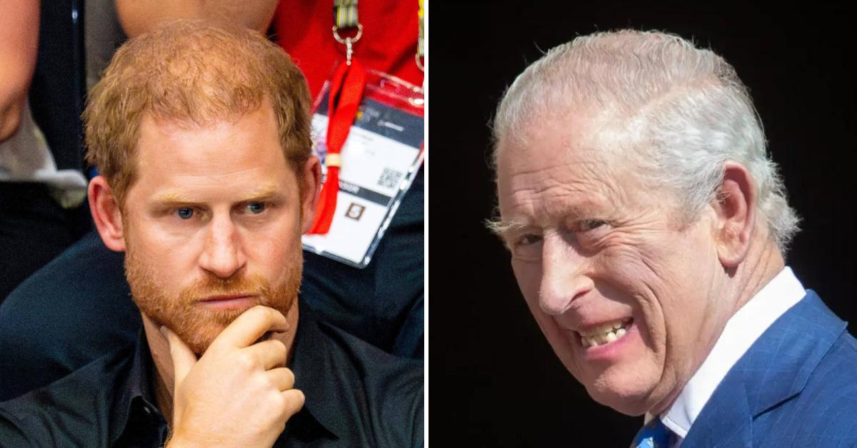 Split photo of Prince Harry Harry and King Charles.