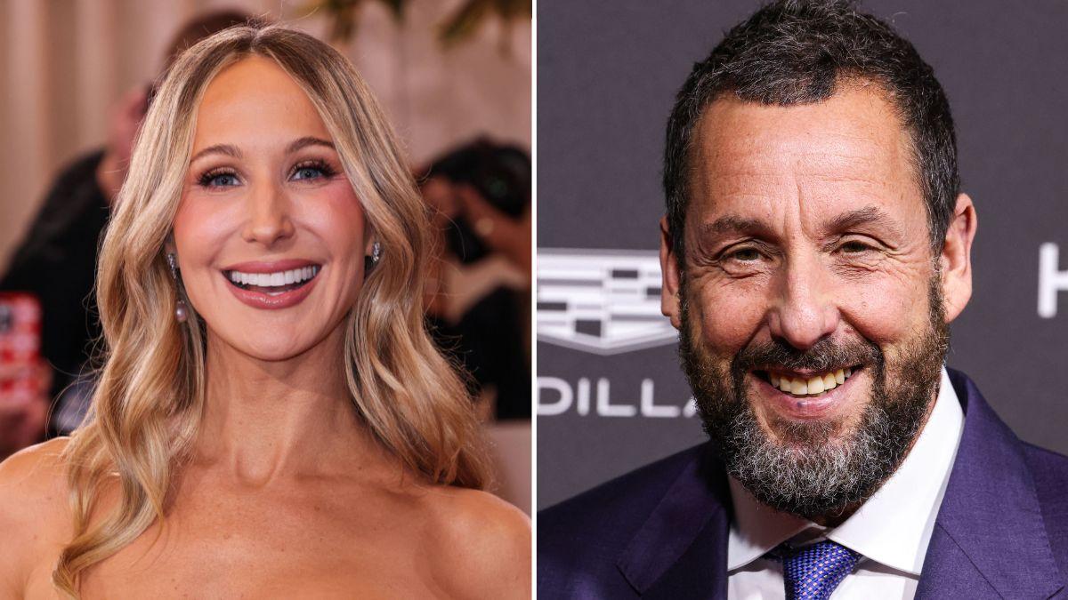 Split photo of Nikki Glaser & Adam Sandler