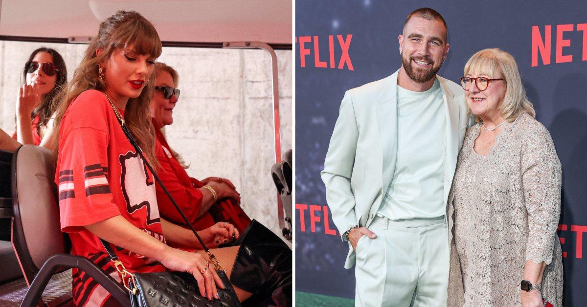 A photo of Taylor Swift with her mom Andrea Swift and a picture of Travis Kelce with his mom Donna Kelce