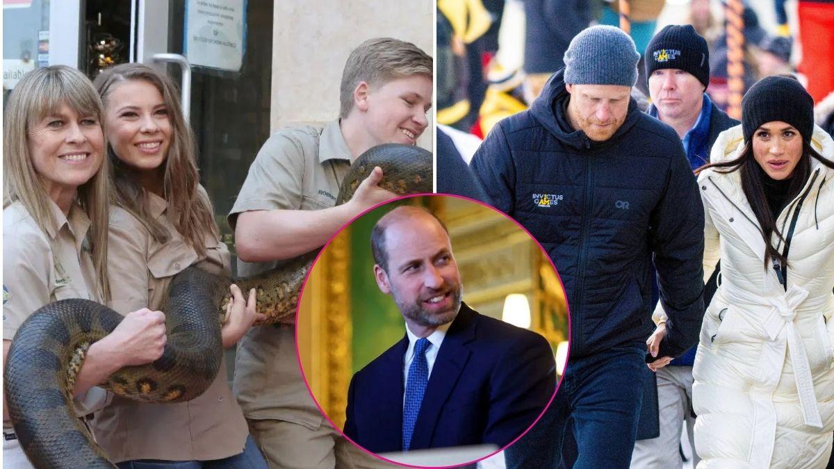 image split of Irwin family, prince William and prince harry/meghan markle 