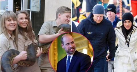 image split of Irwin family, prince William and prince harry/meghan markle