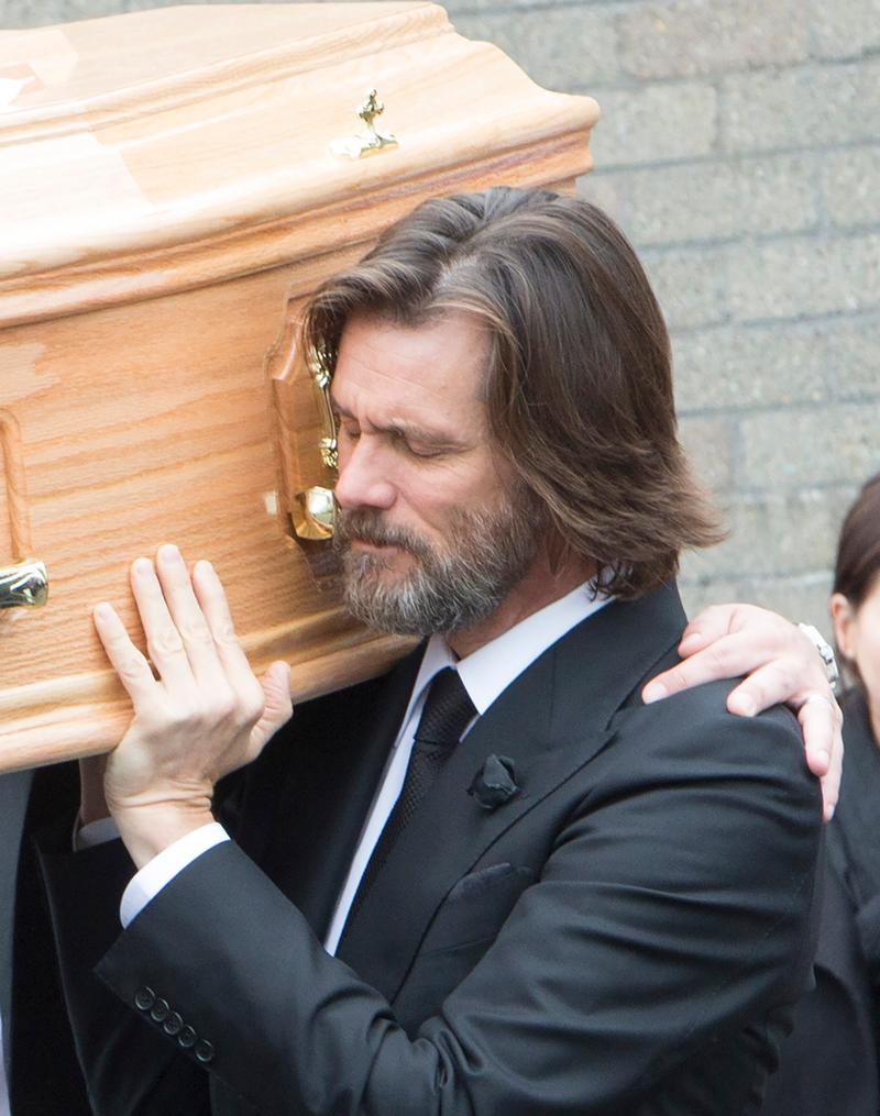 Jim Carrey seen carrying the coffin of his ex Girlfriend Cathrion White out of the White&#8217;s Funeral Home in Cappawhite, Ireland.