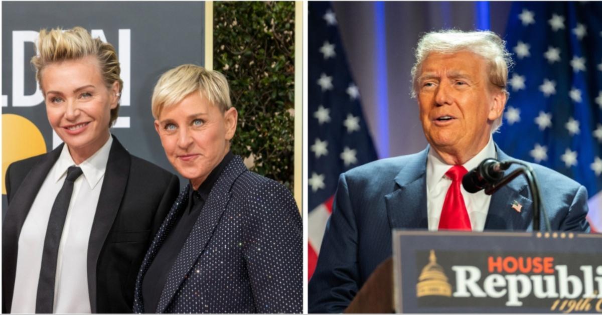 Split photo of Ellen DeGeneres, Portia de Rossi and Donald Trump