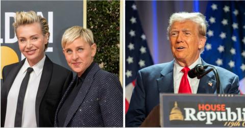 Split photo of Ellen DeGeneres, Portia de Rossi and Donald Trump