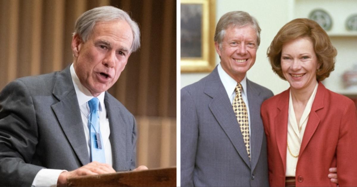 Split photos of Greg Abbott and Jimmy and Rosalynn Carter.