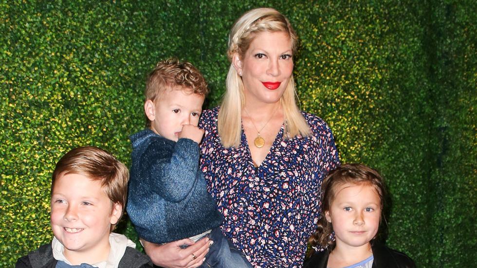 Tori Spelling with her children Liam McDermott, Hattie McDermott, Finn McDermott and Stella McDermott arrive at Knott&#8217;s Berry Farm Celebrates The launch Of Their New Ride Voyage To The Iron Reef