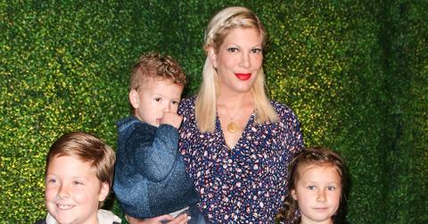 Tori Spelling with her children Liam McDermott, Hattie McDermott, Finn McDermott and Stella McDermott arrive at Knott’s Berry Farm Celebrates The launch Of Their New Ride Voyage To The Iron Reef