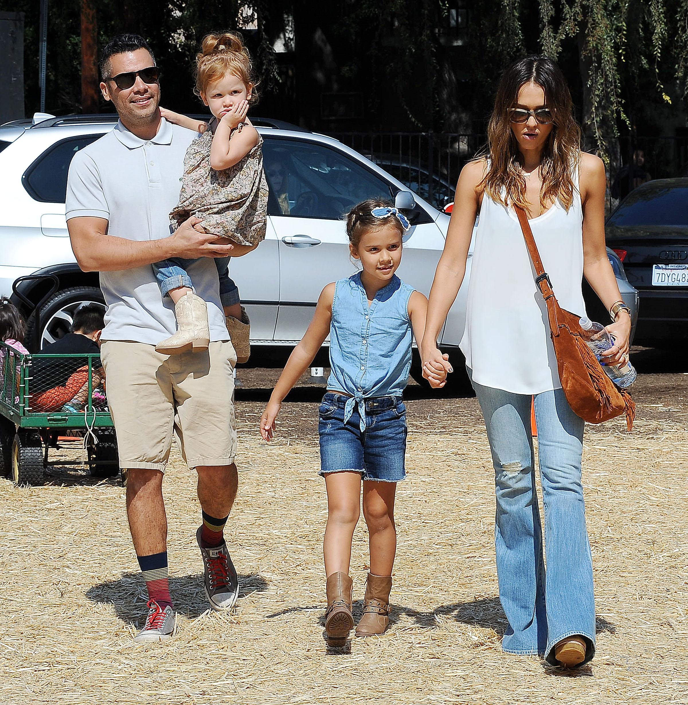 Jessica Alba, husband Cash Warren and daughters going to Mr. Bones Pumpkin Patch in Beverly Hills****NO DAILY MAIL SALES****