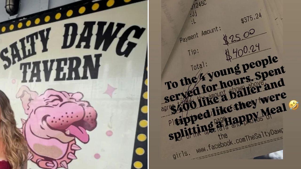 Split photo of California bar Salty Dawg Tavern and receipt bill