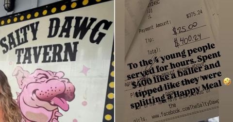 Split photo of California bar Salty Dawg Tavern and receipt bill