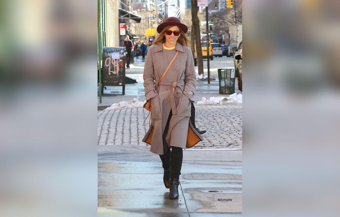 Jessica Biel looks effortlessly chic in a peacoat as she walks through Tribeca