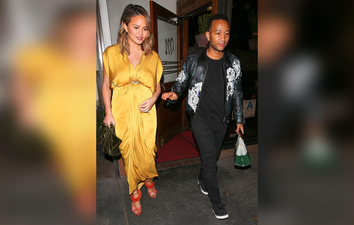 Pregnant Chrissy Teigen looks amazing in a gold dress for dinner with husband John Legend