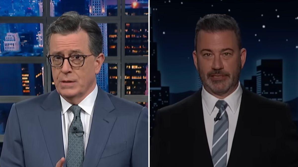 Photo of Stephen Colbert and Jimmy Kimmel.