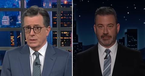 Photo of Stephen Colbert and Jimmy Kimmel.