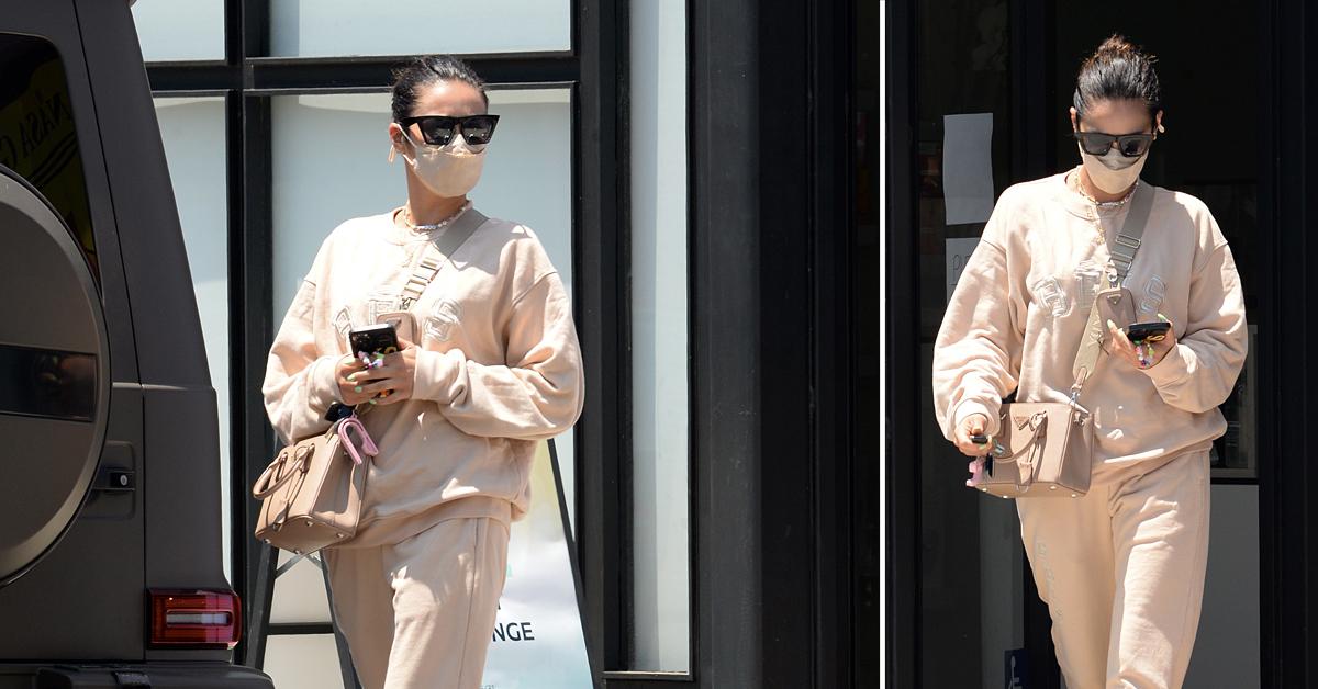 Shay Mitchell Seen Wearing Exclusive BÉIS Sweatsuit in Beige Leaving P