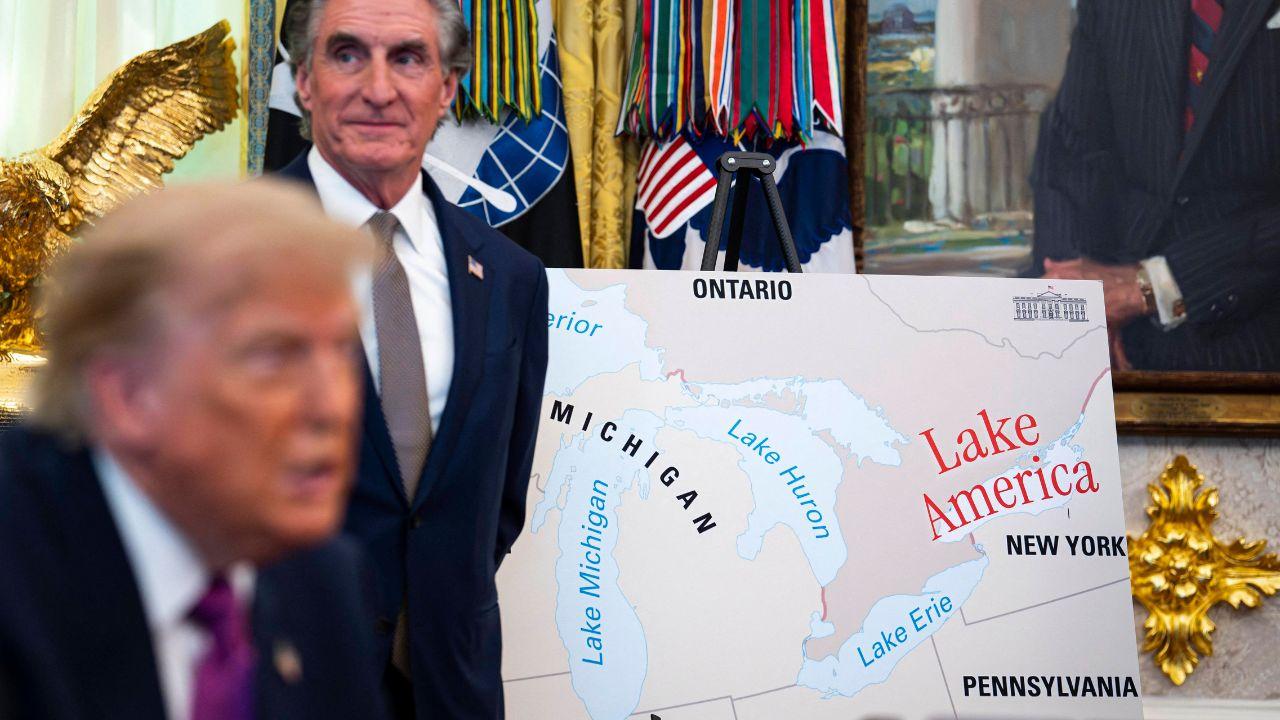 image of Donald Trump next a map with a Lake Ontario renamed to Lake America